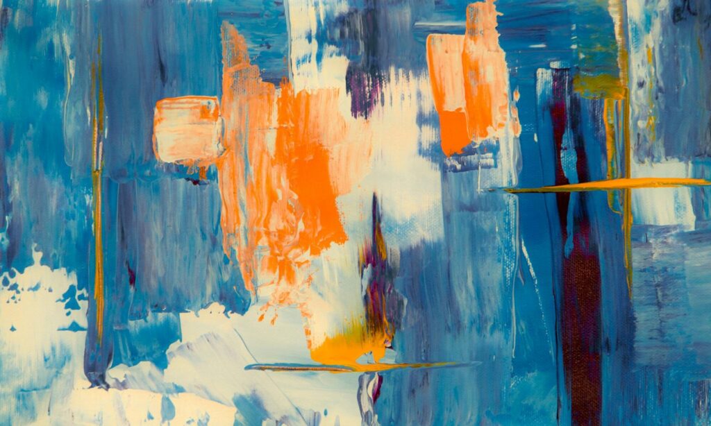 blue white and orange abstract painting