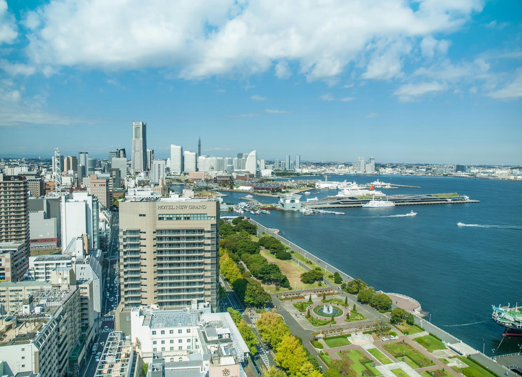aerial view of yokohama s harbor and skyline