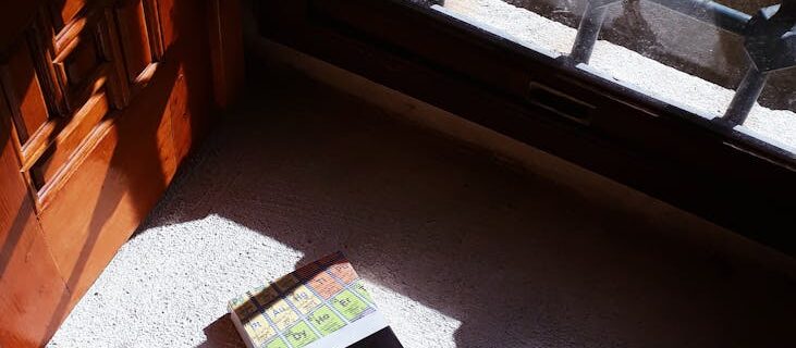 a book on the concrete floor near the door